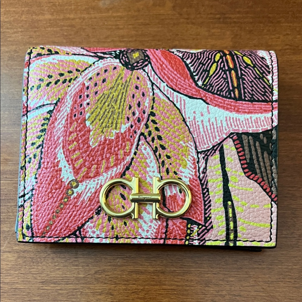 Salvatore Ferragamo Small Pink and Gold Floral Wallet